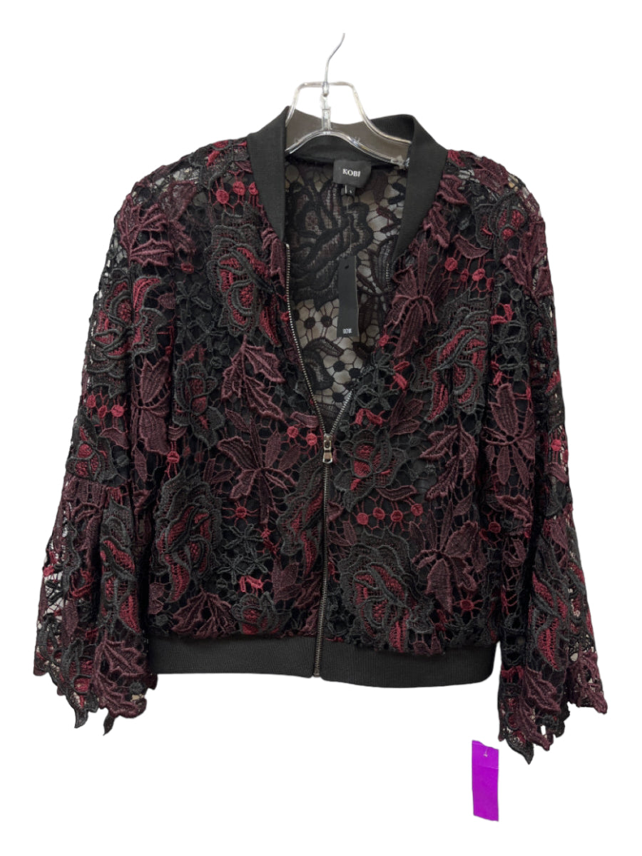 Kobi, Kobi Size S Black & Burgundy Polyester Zipper Floral Crochet Long Sleeve Jacket