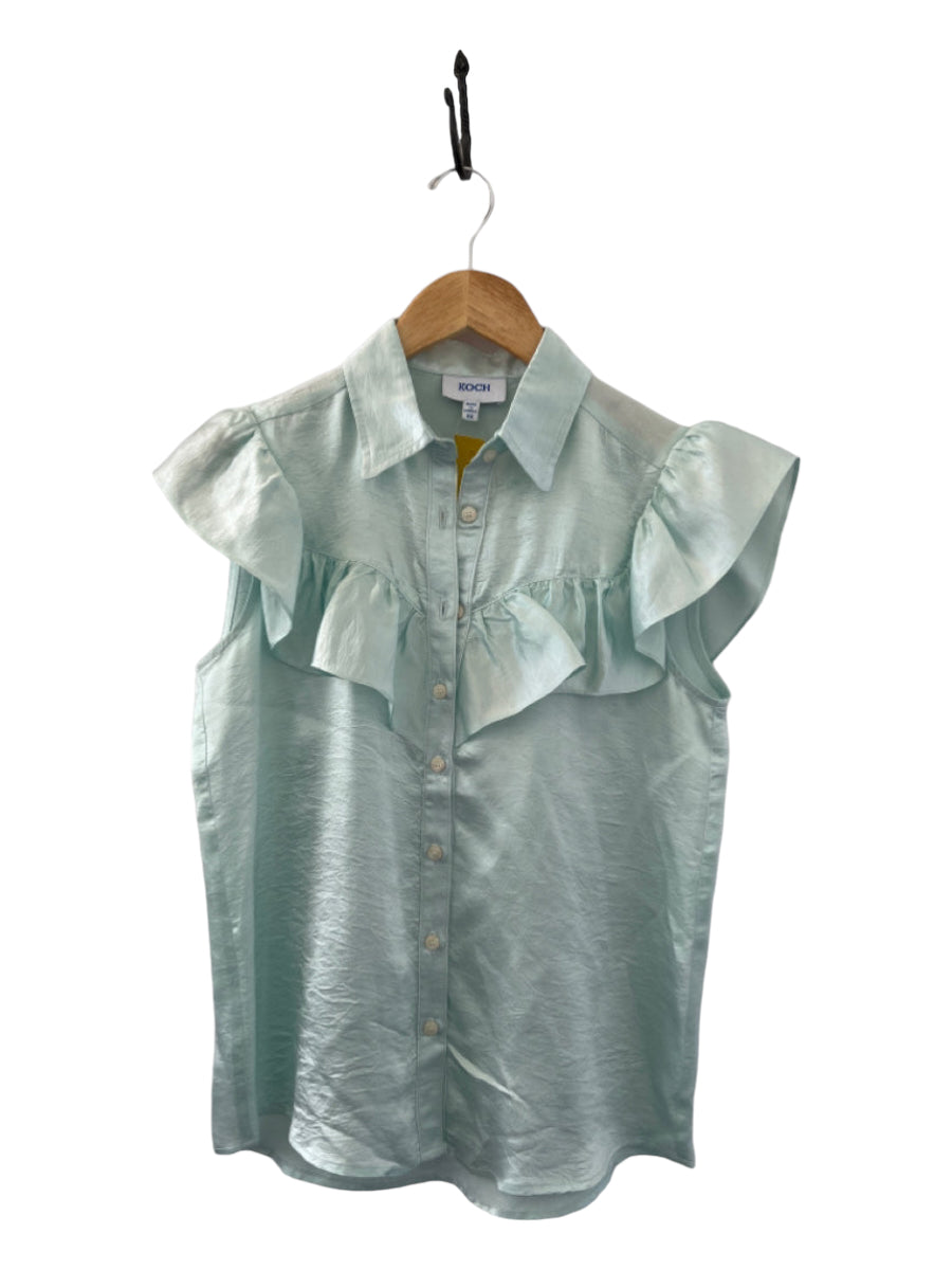 Koch, Koch Size XS Aqua Polyester Flutter Sleeves Button Down Ruffles Top