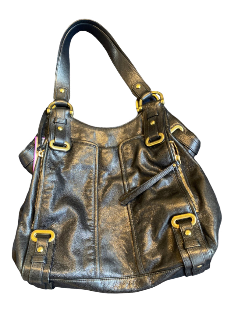 Kooba, Kooba balck & teal Leather Bronze Hardware Front Zip Double Handle Shoulder Bag