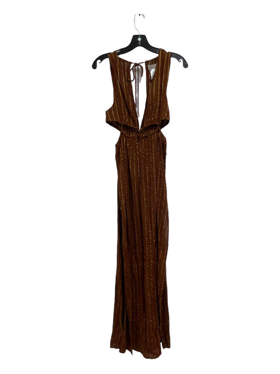 L Space, L Space Size S Brown & Gold Viscose Blend V Neck Sleeveless Maxi Slits Dress