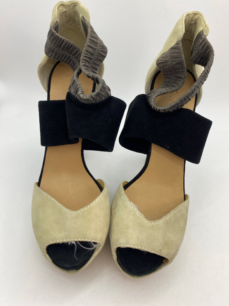 L.A.M.B., L.A.M.B. Shoe Size 9 Black & Cream Suede Peep Toe Ankle Strap Block Heel Pumps