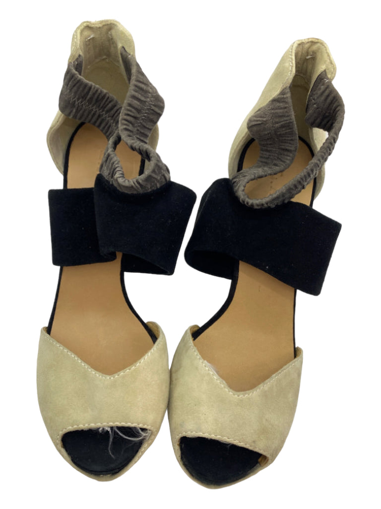 L.A.M.B., L.A.M.B. Shoe Size 9 Black & Cream Suede Peep Toe Ankle Strap Block Heel Pumps