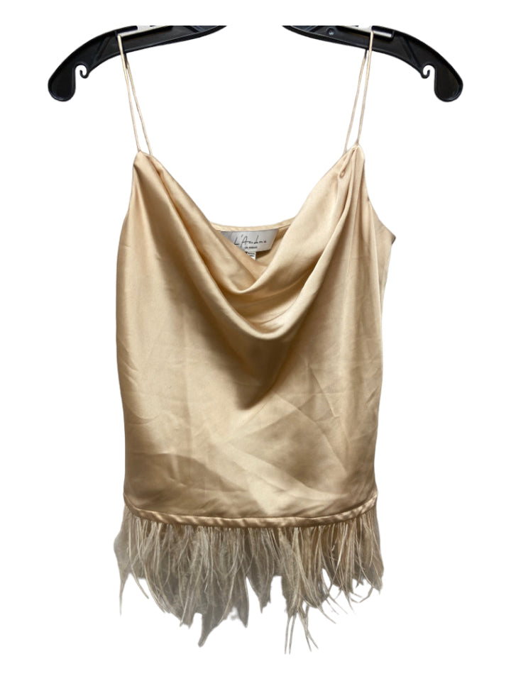 L'Academie, L'Academie Size XS Gold Polyester Sleeveless Spaghetti Strap Fringe Detail Top