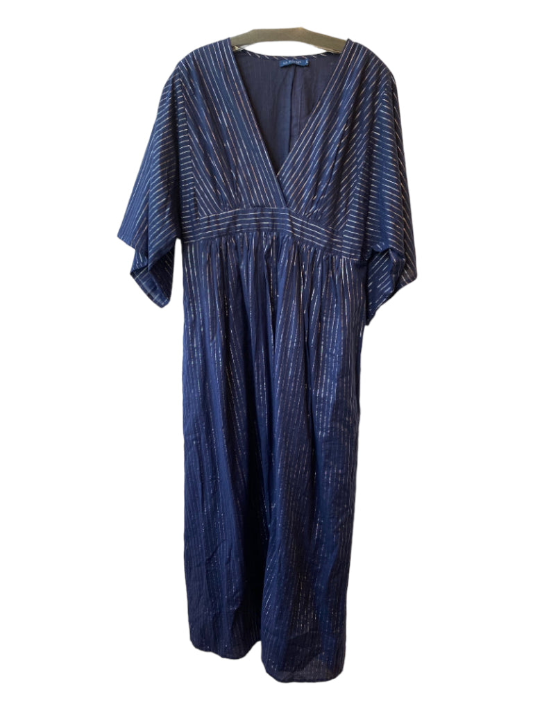 La Plage, La Plage Size Large Navy & Silver Cotton Stripe Half Dolman Sleeve V Neck Dress