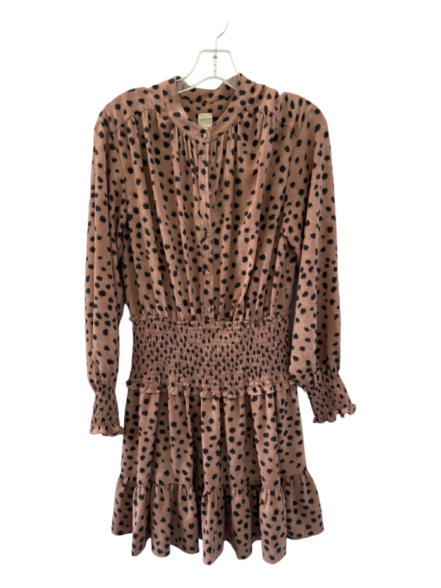 La Vie, La Vie Size M Tan & black Polyester Long Sleeve Rouched Animal Print Dress