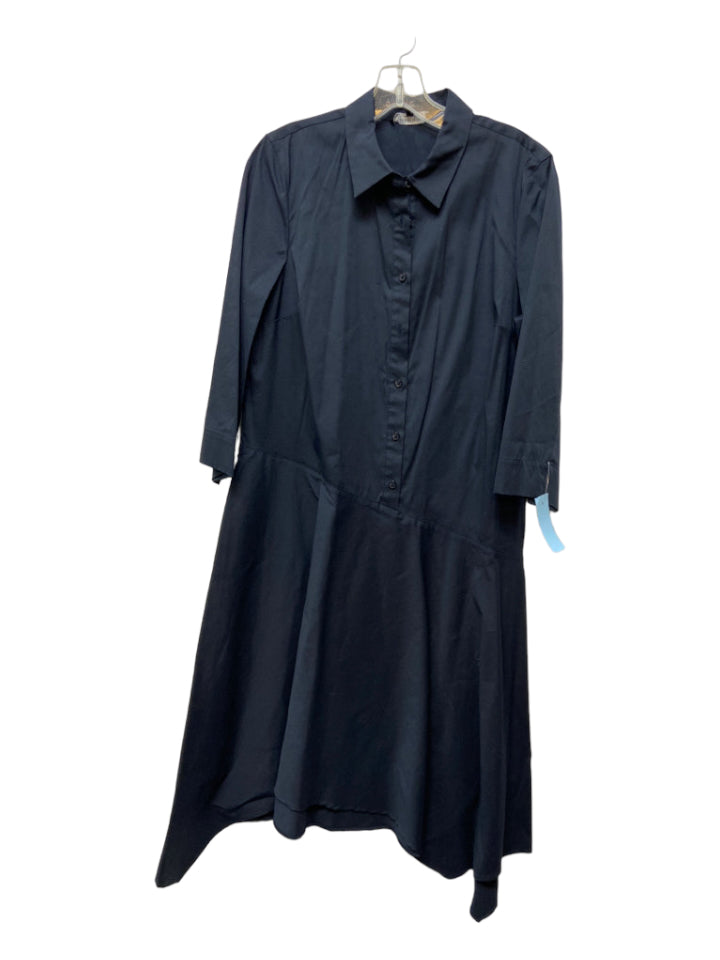 Lafayette 148, Lafayette 148 Size 10 Navy Blue Cotton Blend Half Button 3/4 Sleeve Collar Dress