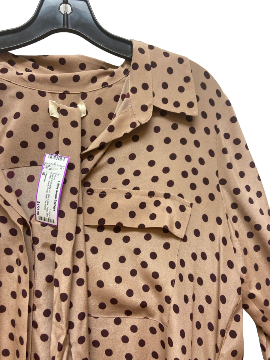 L'agence, L'agence Size M Taupe & Burgundy Silk Collar Polka Dot Button Down Sash Dress