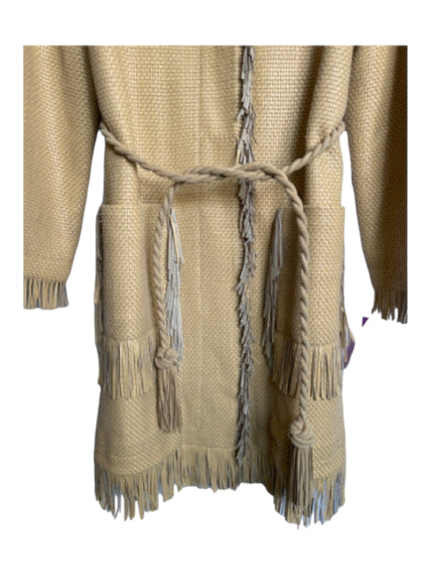 Lanvin, Lanvin Size 12 Beige Leather Polyester Lining Fringe Woven Coat