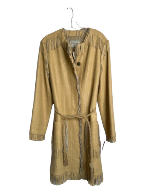 Lanvin, Lanvin Size 12 Beige Leather Polyester Lining Fringe Woven Coat