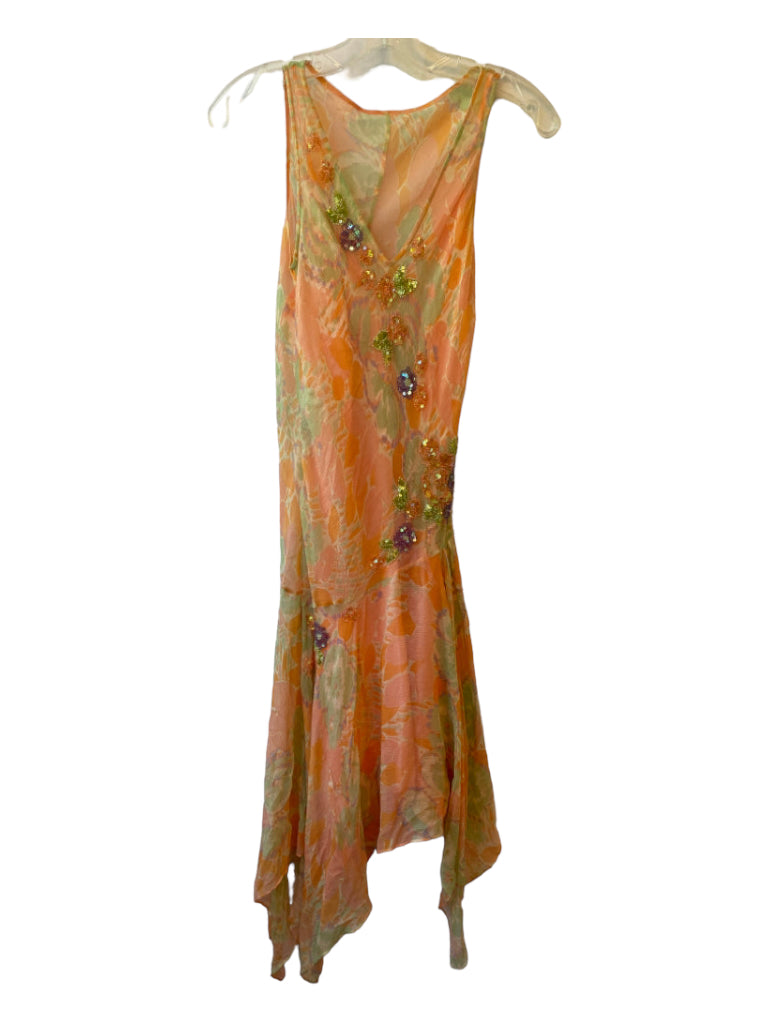 Laundry by Shelli Segal, Laundry by Shelli Segal Size 6 Pink Green & Orange Silk Floral Beaded Dress