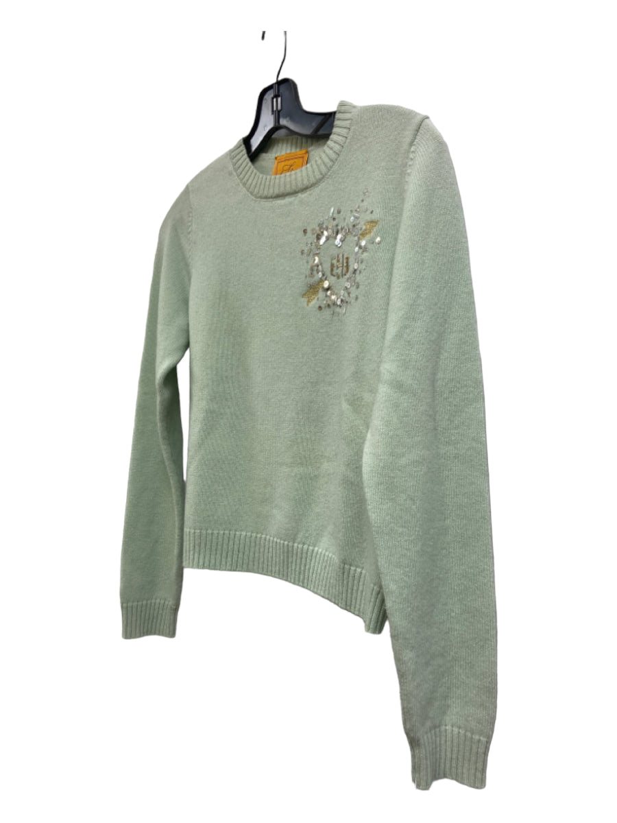 Le Lion, Le Lion Size XS Light Green Merino Wool Crew Neck Sequined Long Sleeve Sweater