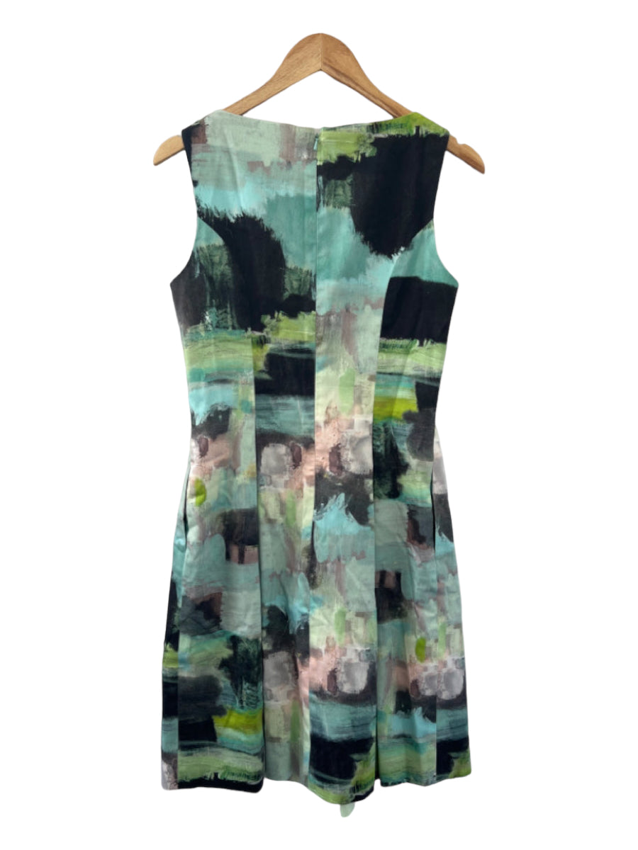 Lela Rose, Lela Rose Size 6 Blue & Green Cotton Sleeveless Pleated Back Zip Dress