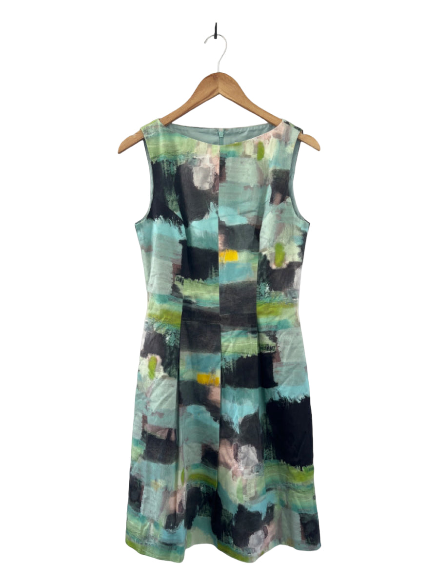 Lela Rose, Lela Rose Size 6 Blue & Green Cotton Sleeveless Pleated Back Zip Dress