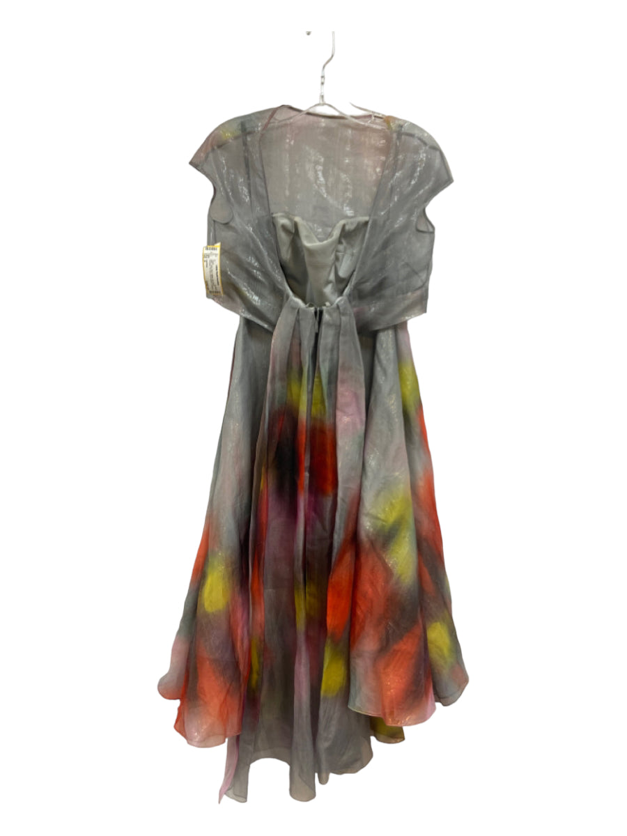 Lela Rose, Lela Rose Size 8 Gray, Red, Yellow Silk Blend Shimmer Tie Dye Short Sleeve Dress