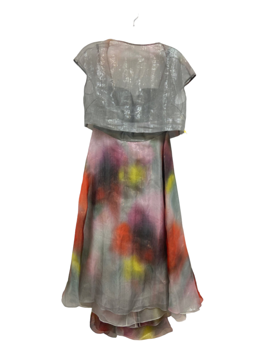 Lela Rose, Lela Rose Size 8 Gray, Red, Yellow Silk Blend Shimmer Tie Dye Short Sleeve Dress