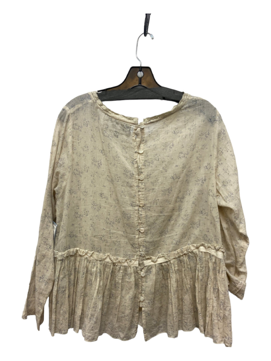 Les Ours, Les Ours Size M Beige & Blue Cotton Sheer Detail All Over Print Chest Pocket Top