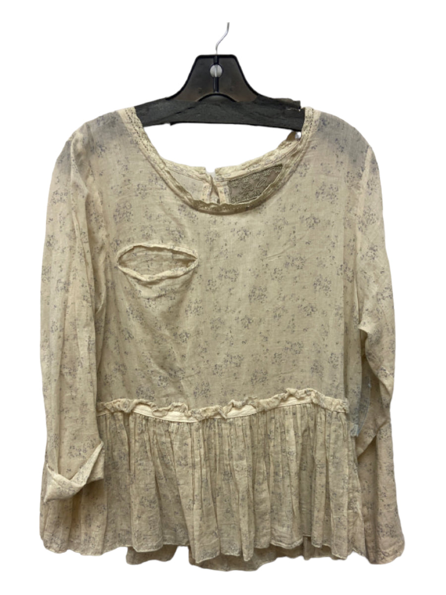 Les Ours, Les Ours Size M Beige & Blue Cotton Sheer Detail All Over Print Chest Pocket Top