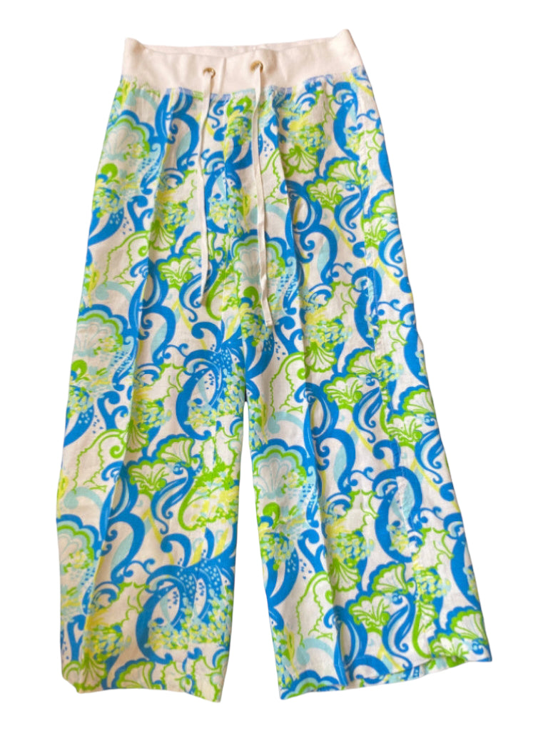 Lily Pulitzer, Lily Pulitzer Size XS Blue, Green, White Linen Blend Tie At Waist Abstract Pants