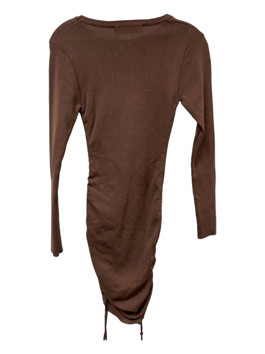 Lioness, Lioness Size S Brown Viscose & Nylon Blend Crew Neck Long Sleeve Ruched Dress