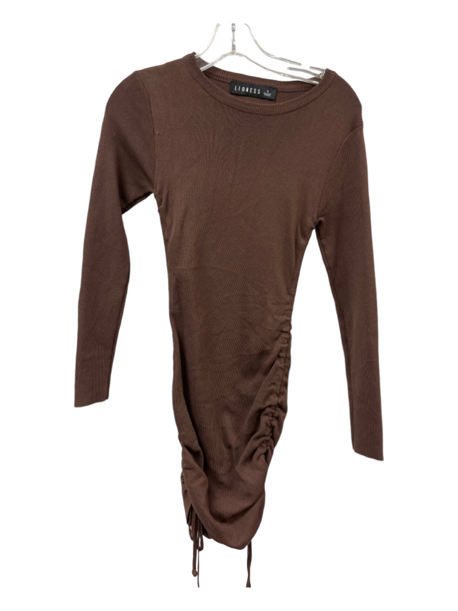 Lioness, Lioness Size S Brown Viscose & Nylon Blend Crew Neck Long Sleeve Ruched Dress