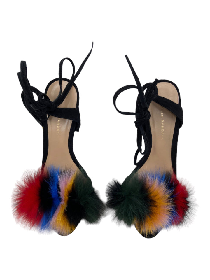 Loeffler Randall, Loeffler Randall Shoe Size 9.5 Black & Multi Suede Fox Fur Open Toe Pump Sandals