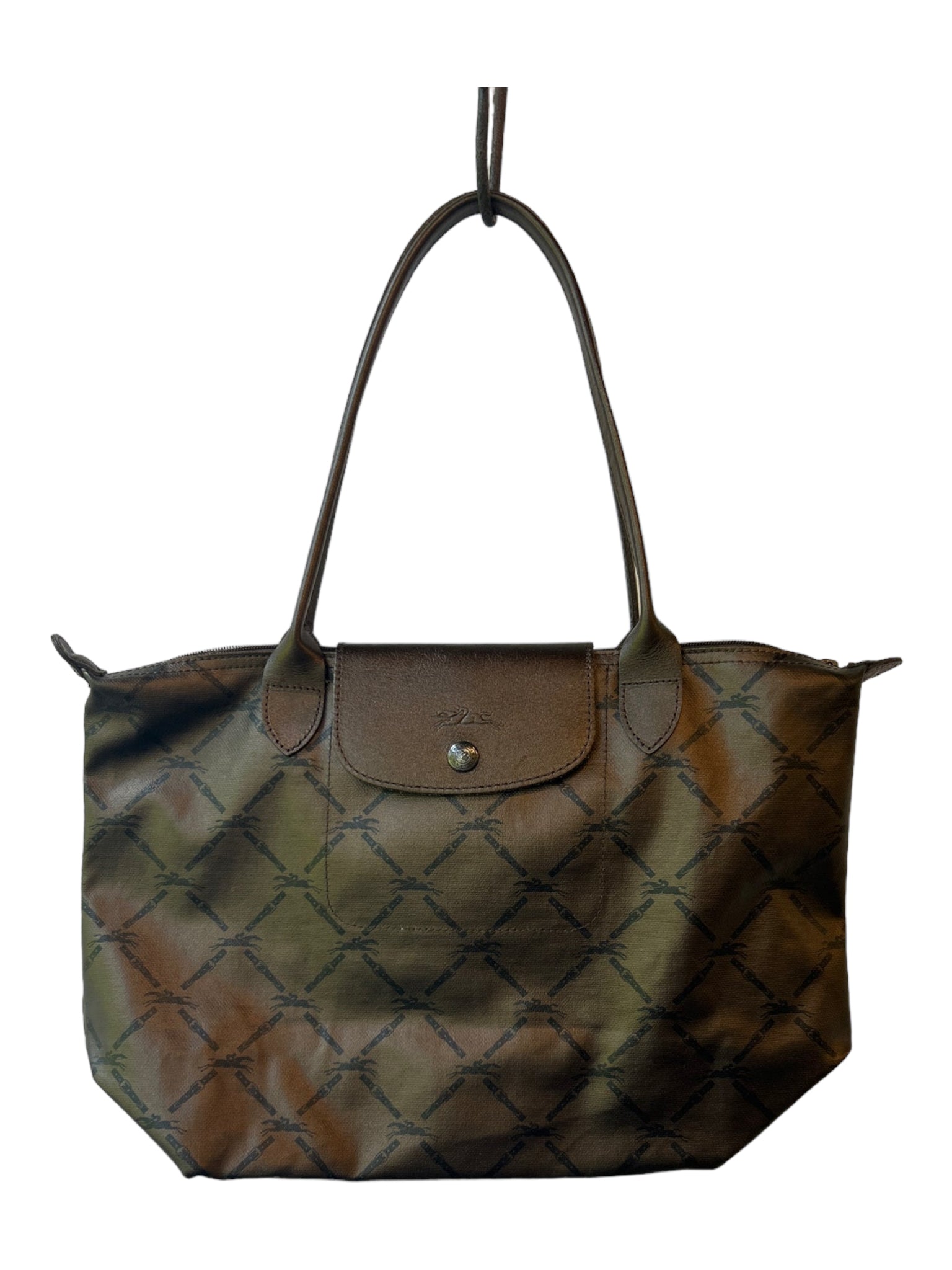 Longchamp, Longchamp Brown Coated Canvas Logo Print Shoulder Bag Top Zip Bag