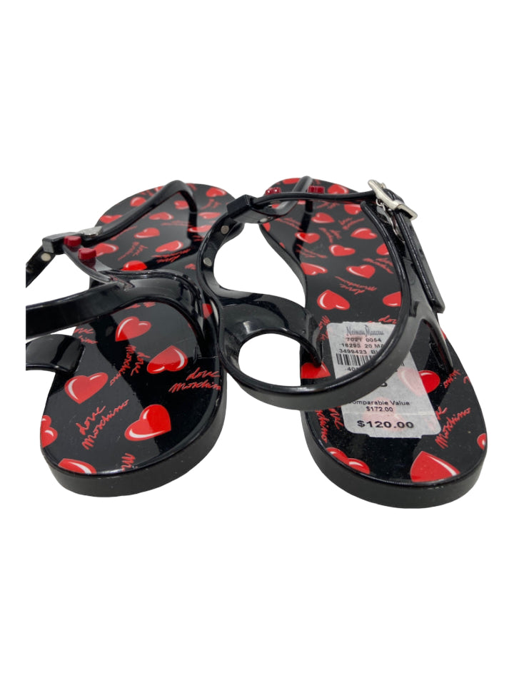 Love Moschino, Love Moschino Shoe Size 8 Black & Red Rubber Hearts Thong Ankle Buckle Sandals