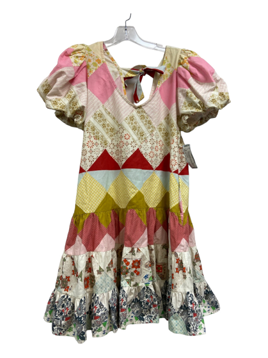 Love The Label, Love The Label Size S Pink & Multi Cotton Tie Back Quilt Print V Neck Dress