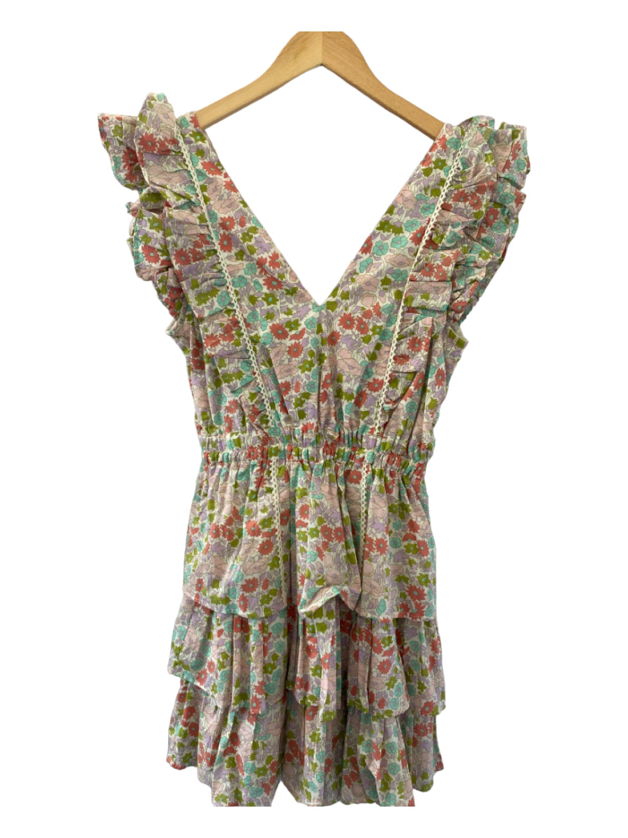 Love The Label, Love The Label Size S White, Pink, Green Cotton floral print Ruffle V Neck Dress