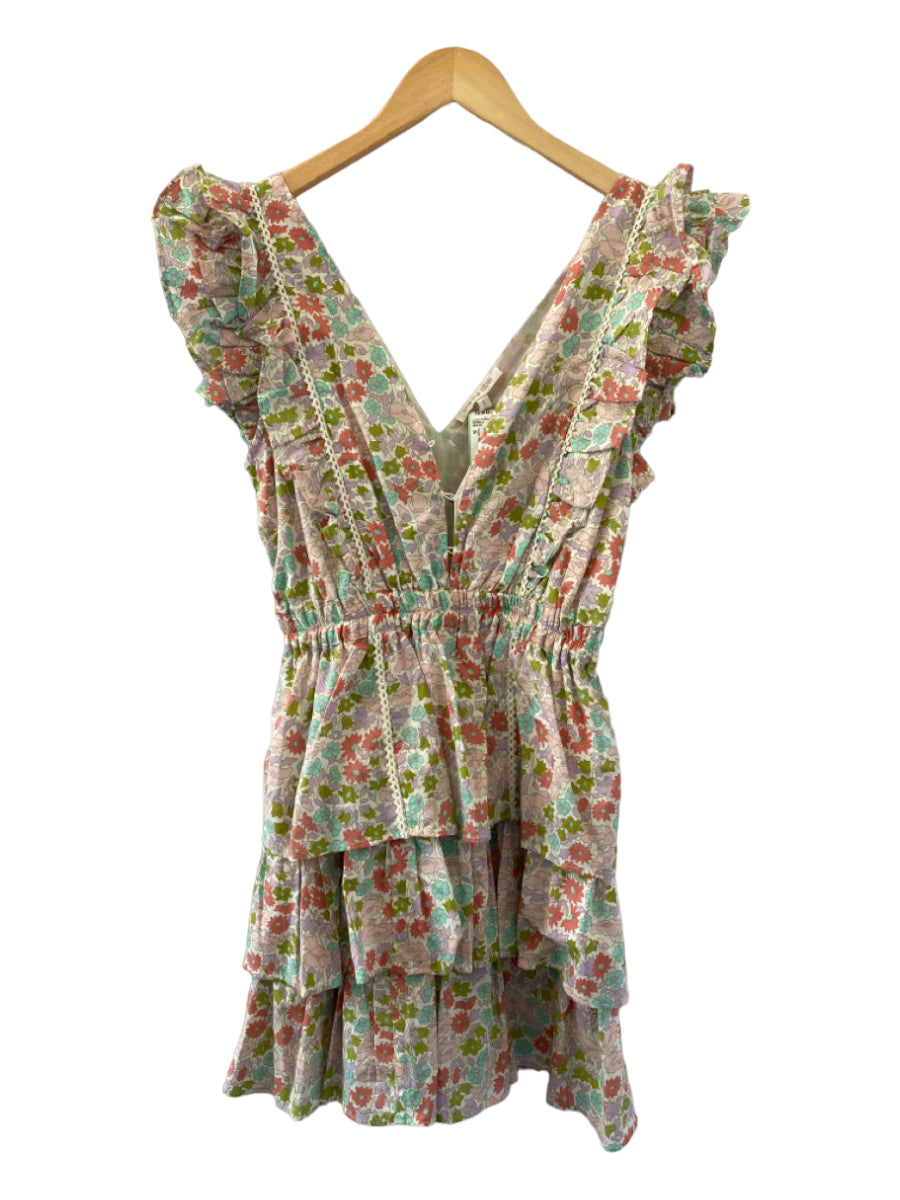 Love The Label, Love The Label Size S White, Pink, Green Cotton floral print Ruffle V Neck Dress