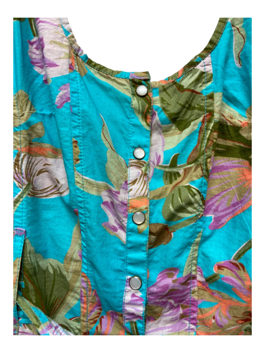 Love The Label, Love The Label Size XS Blue, Green & Pink Cotton Smocked Floral Wide Neck Dress