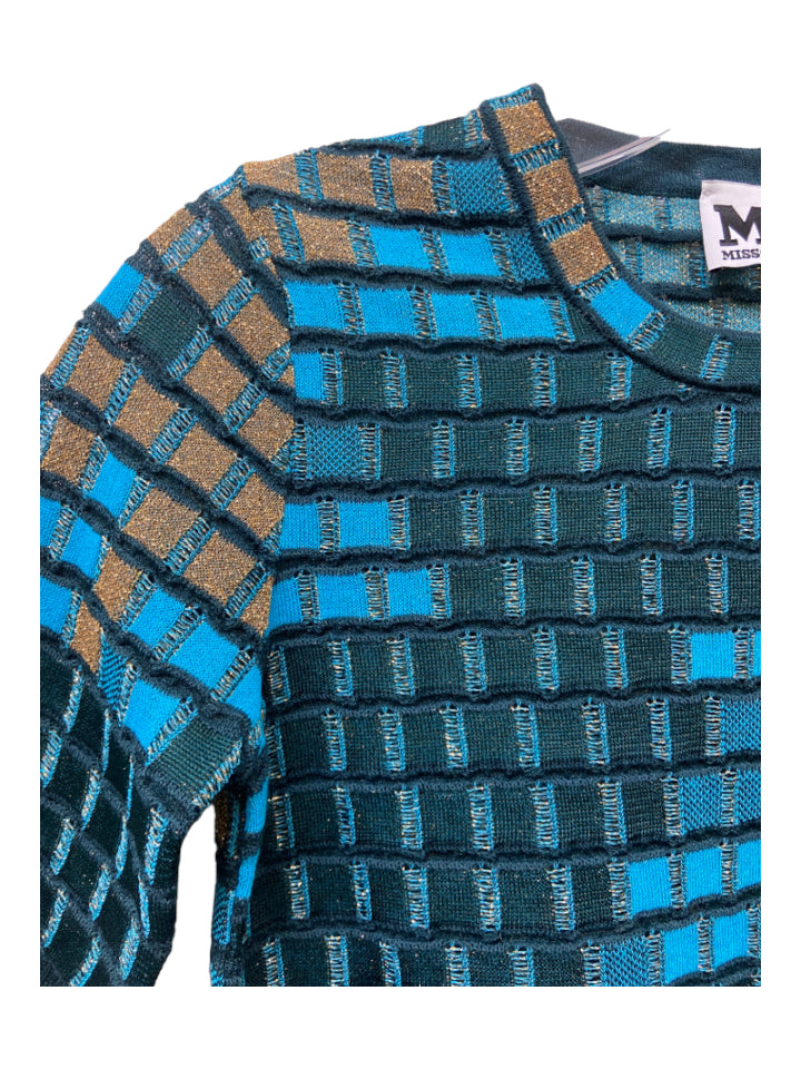 M Missoni, M Missoni Size 38/S Blue & Teal Viscose Metallic Windowpane Half Sleeve Top