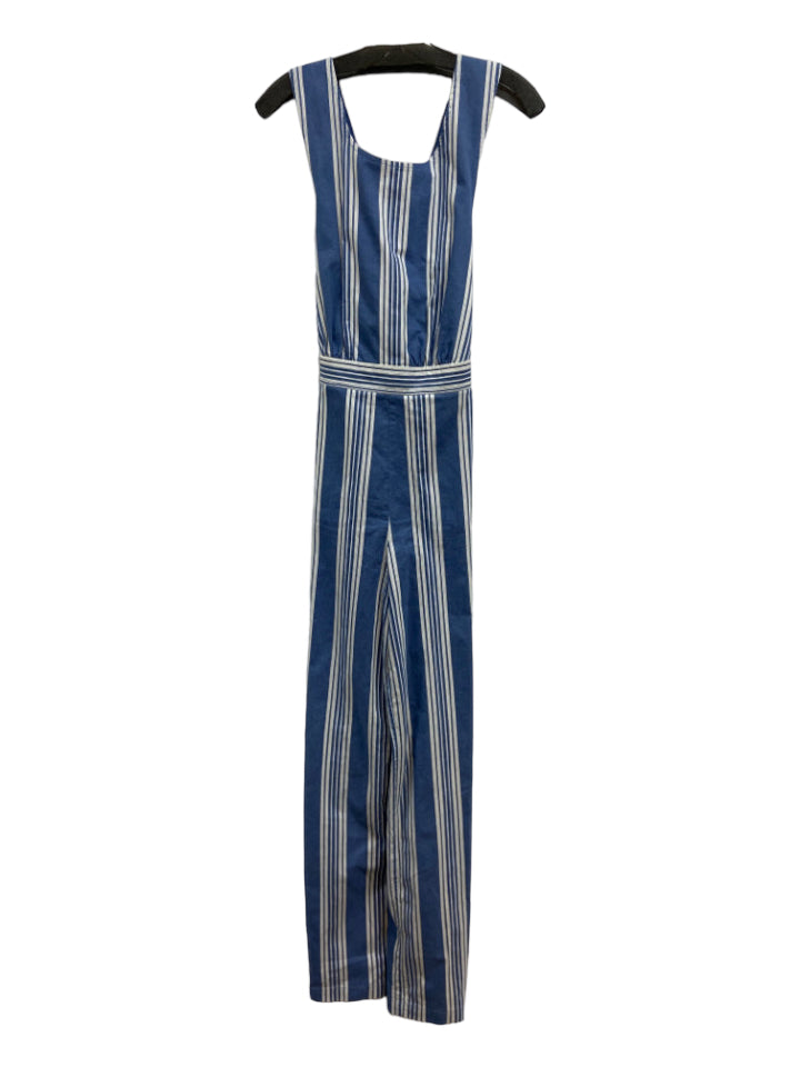 M.I.H Jeans, M.I.H Jeans Size XS White & Blue Cotton Criss Cross Straps Striped Jumpsuit