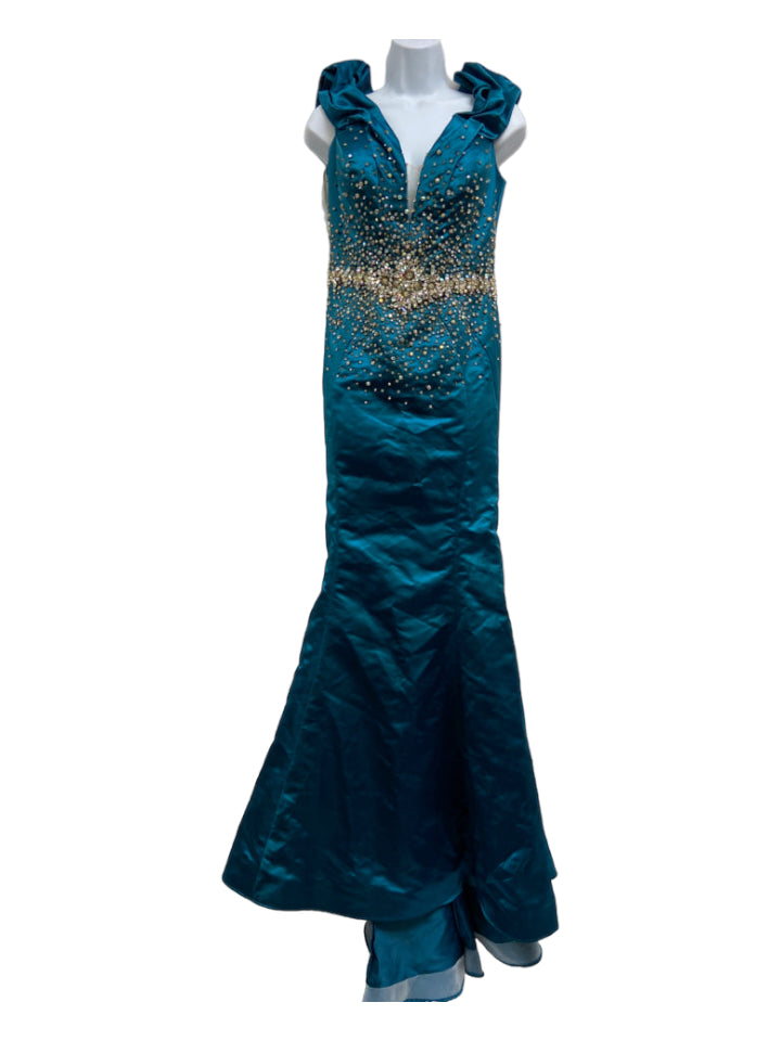 MacDuggal, MacDuggal Size 12 Teal Polyester Crystal Embellishments Off Shoulder Gown