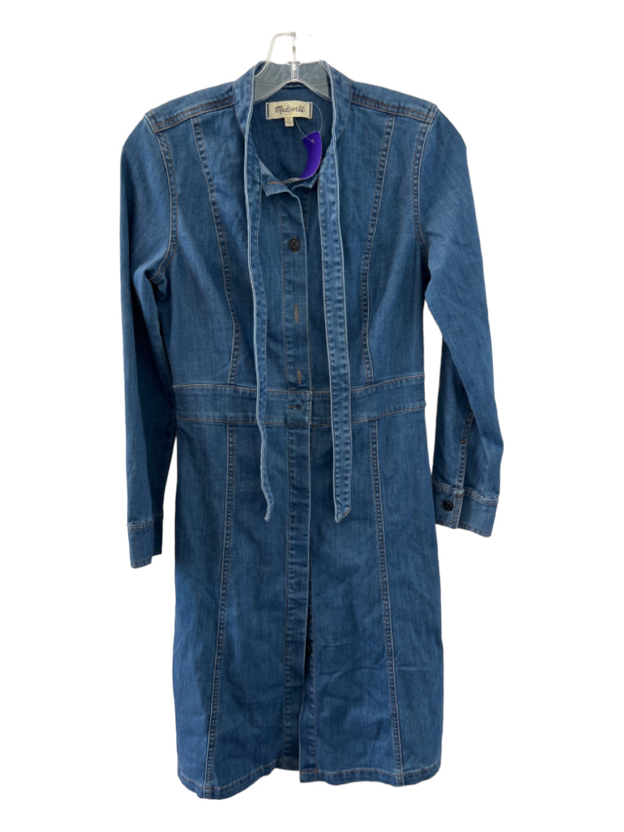 Madewell, Madewell Size 2 Medium Wash Denim Cotton Long Sleeve Button Up Neck Tie Dress