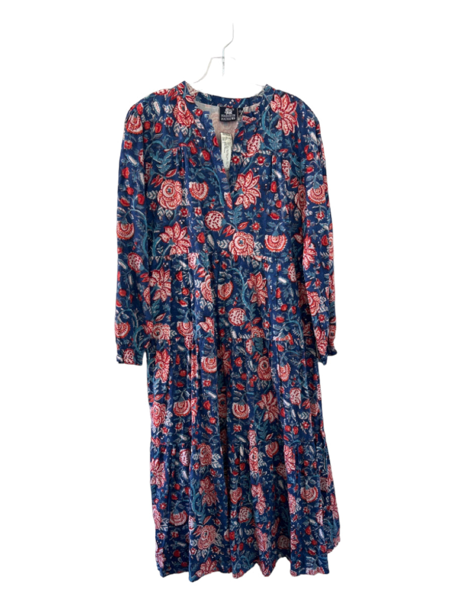 Madison Mathews, Madison Mathews Size L Blue, Red, White Cotton Floral Long Sleeve Maxi Dress