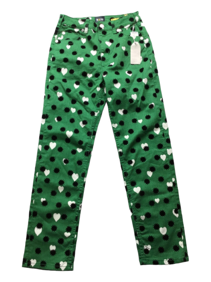 Maeve, Maeve Size 26 Green, White & Black Cotton Hearts All Over Print Straight Pants