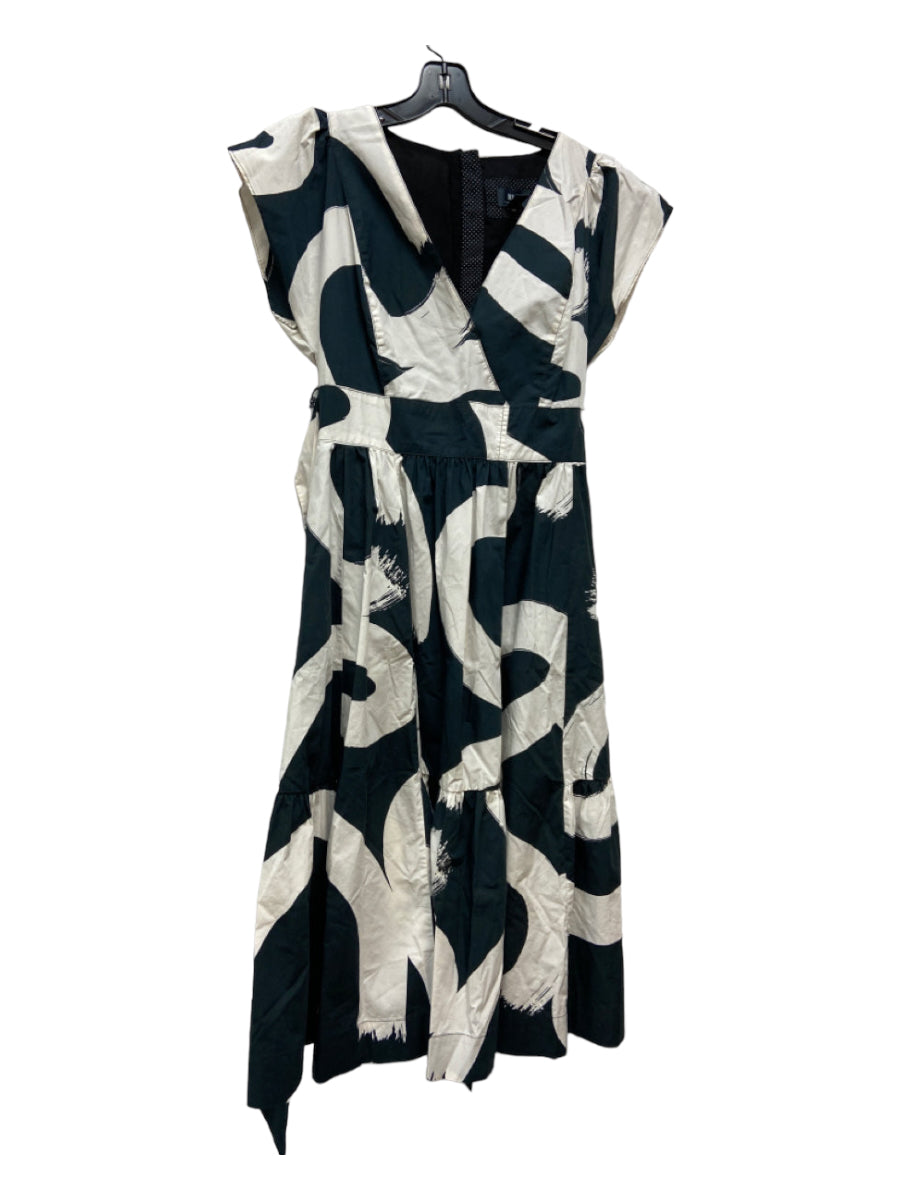 Maeve, Maeve Size 8 Black & White Cotton Abstract Fit & Flare Short Sleeve Midi Dress