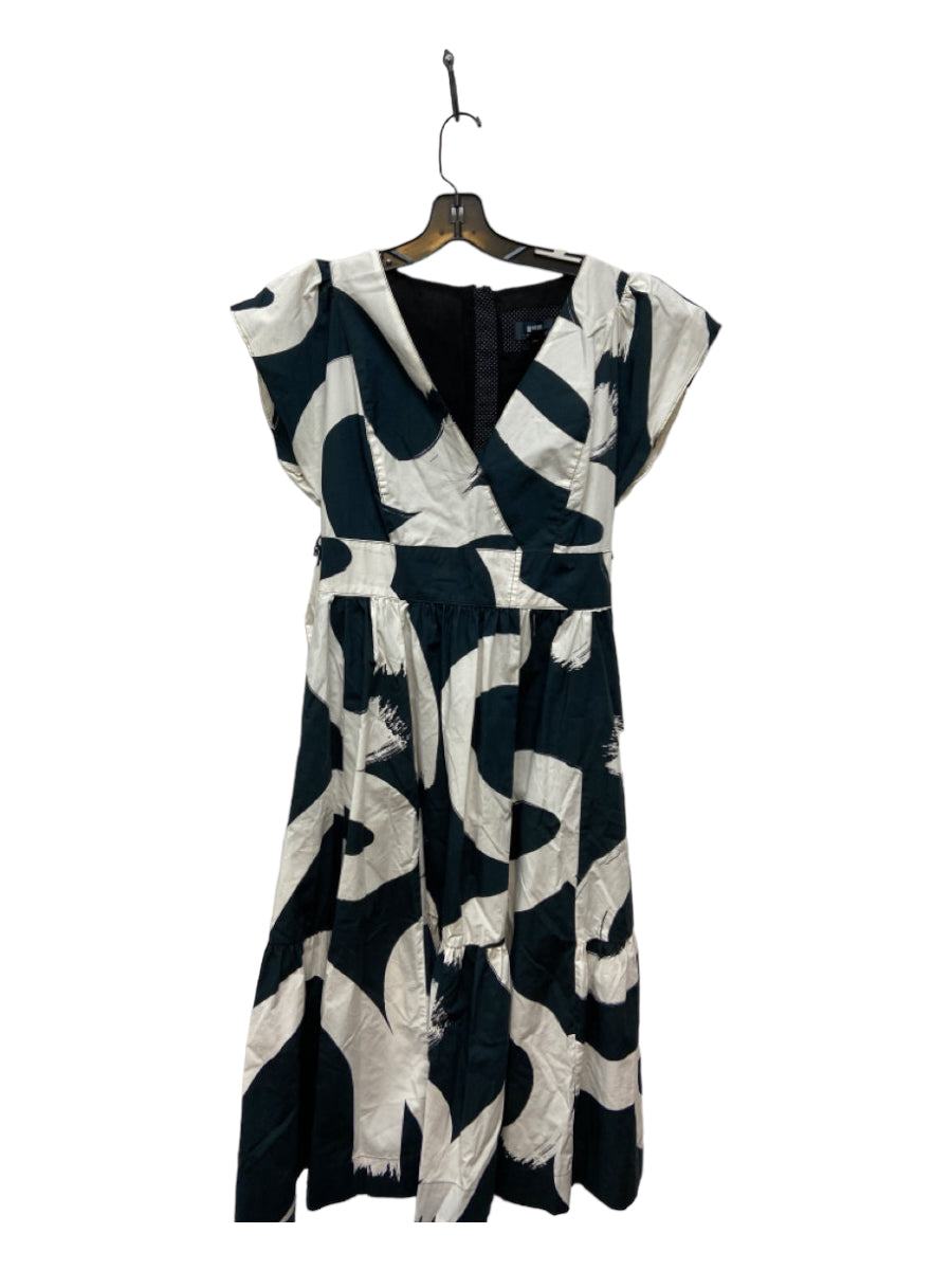 Maeve, Maeve Size 8 Black & White Cotton Abstract Fit & Flare Short Sleeve Midi Dress