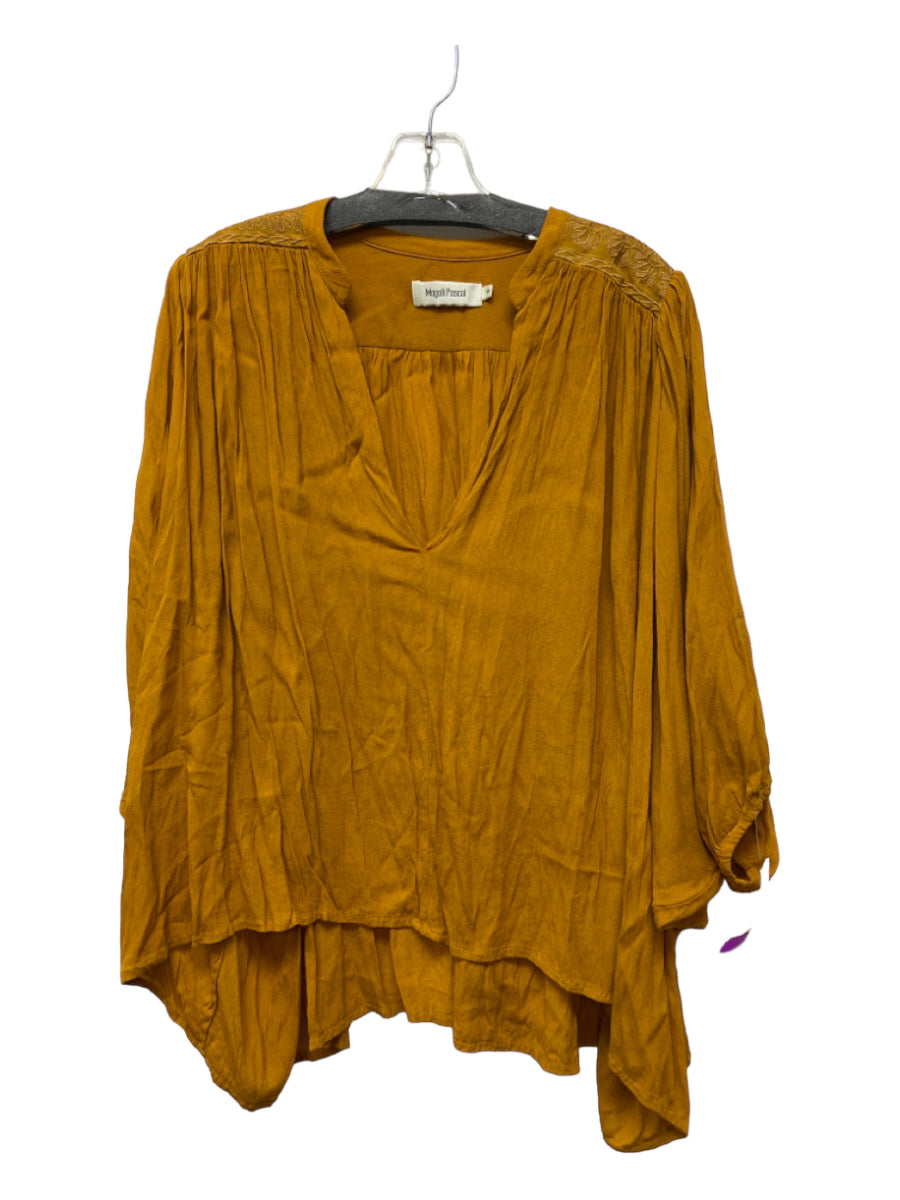 Magali Pascal, Magali Pascal Size S Marigold Yellow Rayon V Neck Pleated Long Sleeve Top