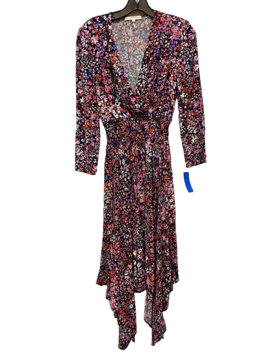 Maje, Maje Size 38/S Black, Pink, Blue Viscose V Neck Floral Elastic Waist Dress