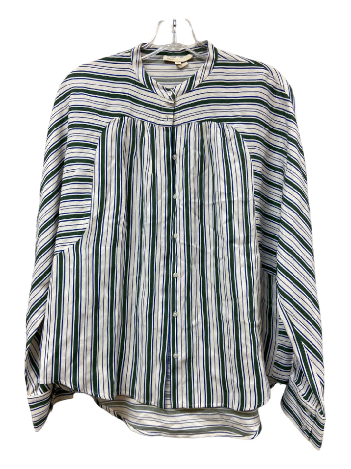 Maje, Maje Size 3/L White, Blue, Green Viscose Stripe Button Front Long Sleeve Top