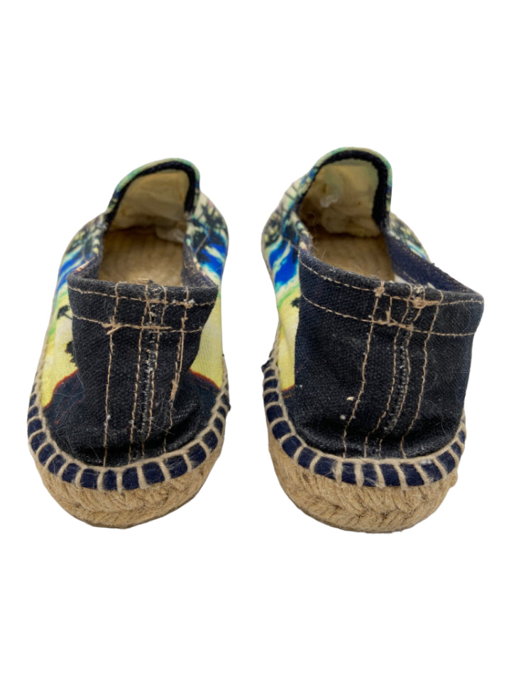 Manebi, Manebi Shoe Size 37 White, Blue & Pink Canvas Jute Sole Palm Tree Slip On Shoes