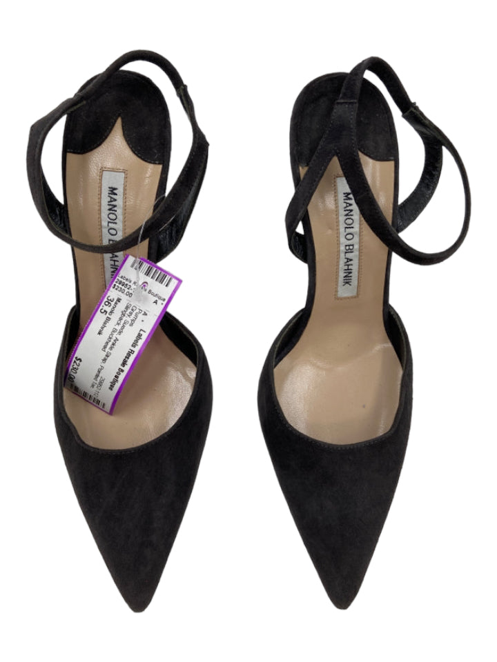 Manolo Blahnik, Manolo Blahnik Shoe Size 36.5 Gray Suede Ankle Strap Pointed Toe Slingback Pumps