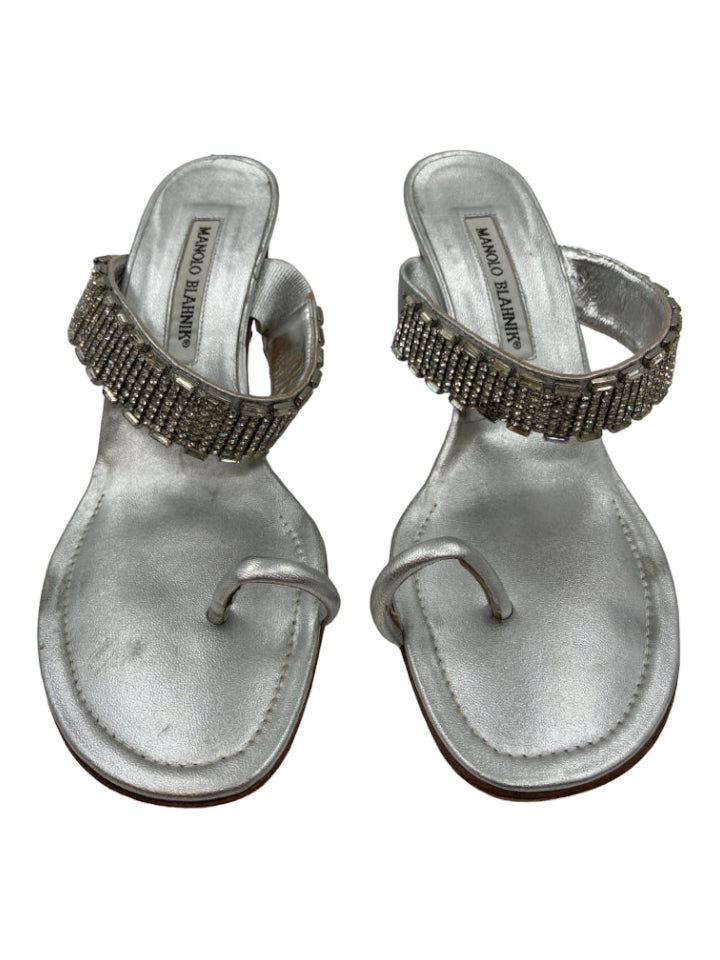 Manolo Blahnik, Manolo Blahnik Shoe Size 37 Silver Leather & Crystals Embellished Mule Sandals