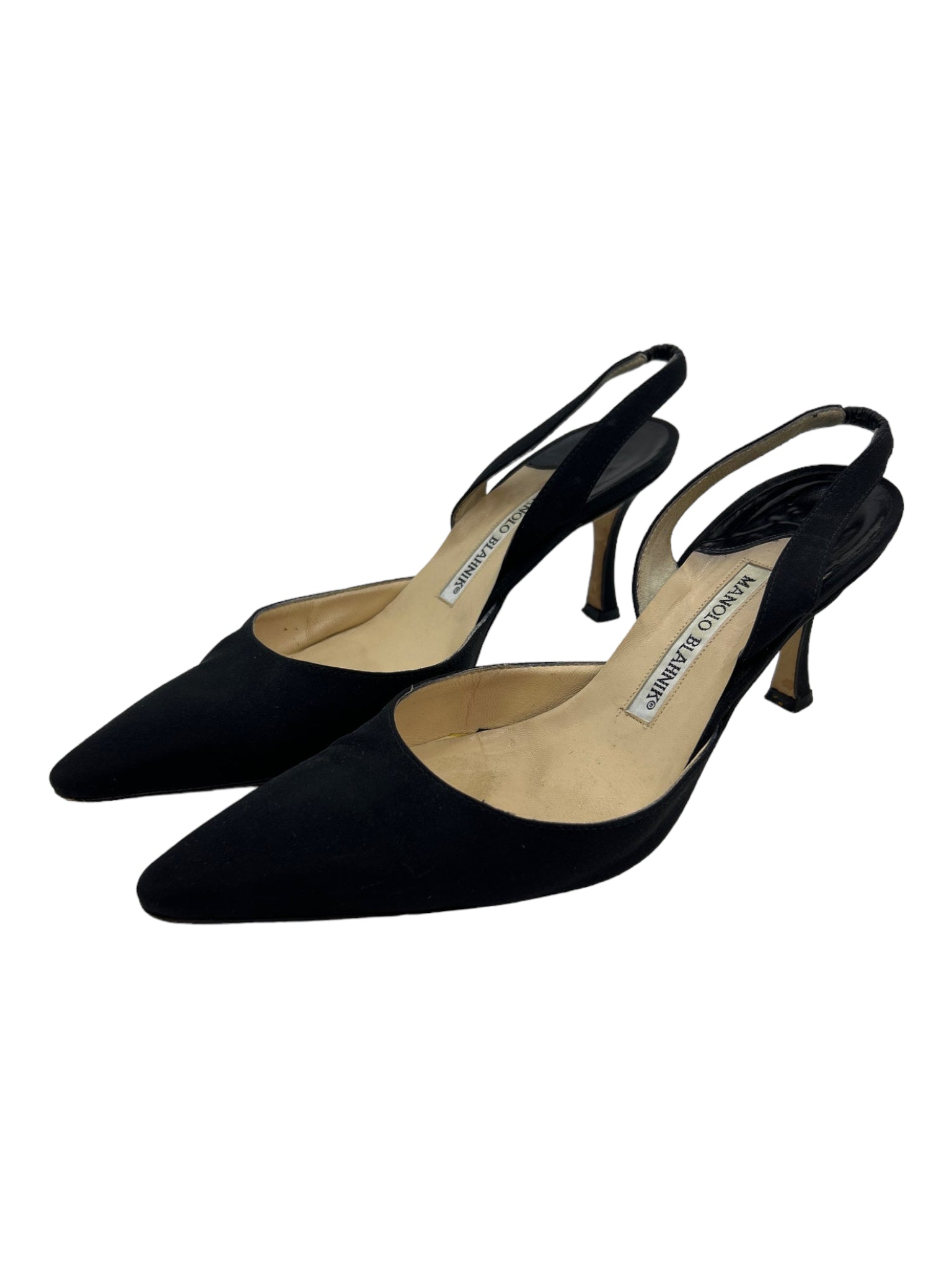 Manolo Blahnik, Manolo Blahnik Shoe Size 38 Black Fabric Pointed Toe Kitten Heel Slingbacks