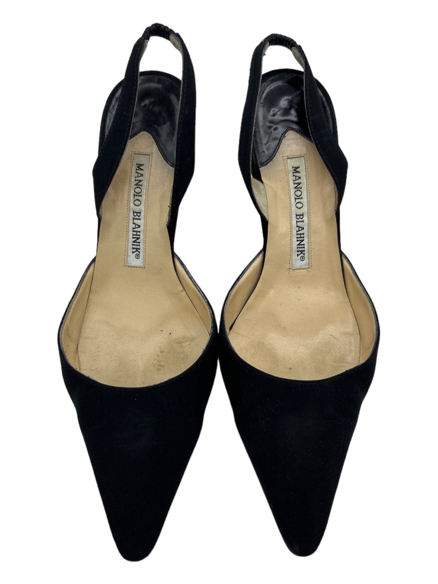 Manolo Blahnik, Manolo Blahnik Shoe Size 38 Black Fabric Pointed Toe Kitten Heel Slingbacks