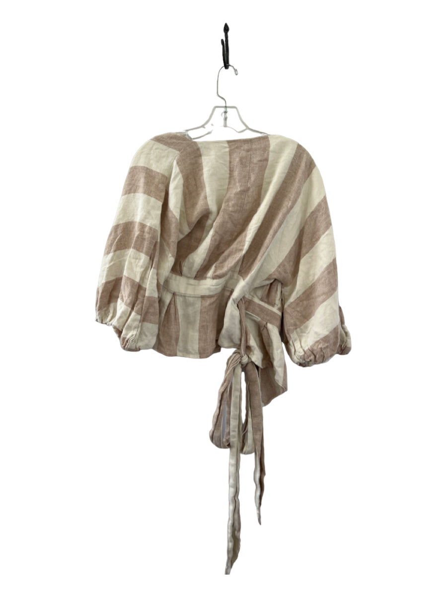 Mara Hoffman, Mara Hoffman Size XS Tan & White Organic Linen 3/4 Sleeve Striped Wrap Top