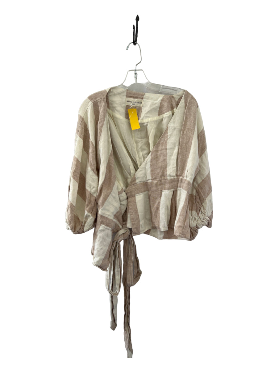 Mara Hoffman, Mara Hoffman Size XS Tan & White Organic Linen 3/4 Sleeve Striped Wrap Top