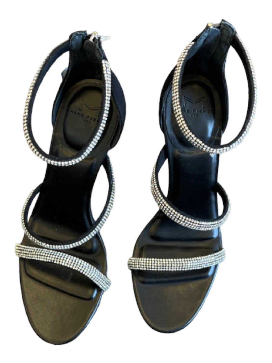 Marc Fisher, Marc Fisher Shoe Size 7.5 Black & Silver Sateen Rhinestone Stiletto Sandals